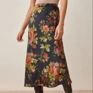 Reformation Pratt Cottage Garden Navy Floral Silk Midi Skirt
